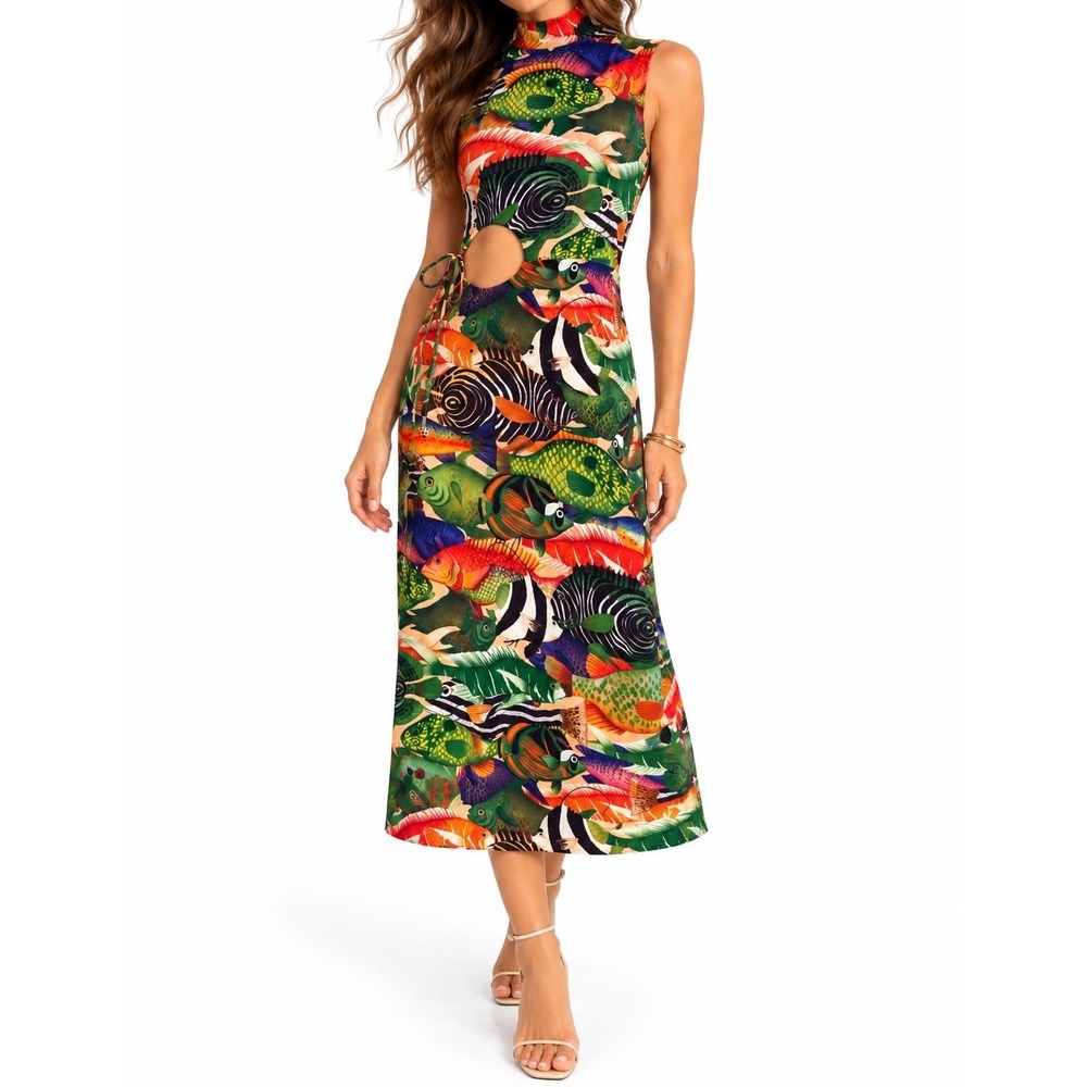 FARM Rio Sleeveless Fish Sea Dress Multicolor Cutout Midi NWT XS $198